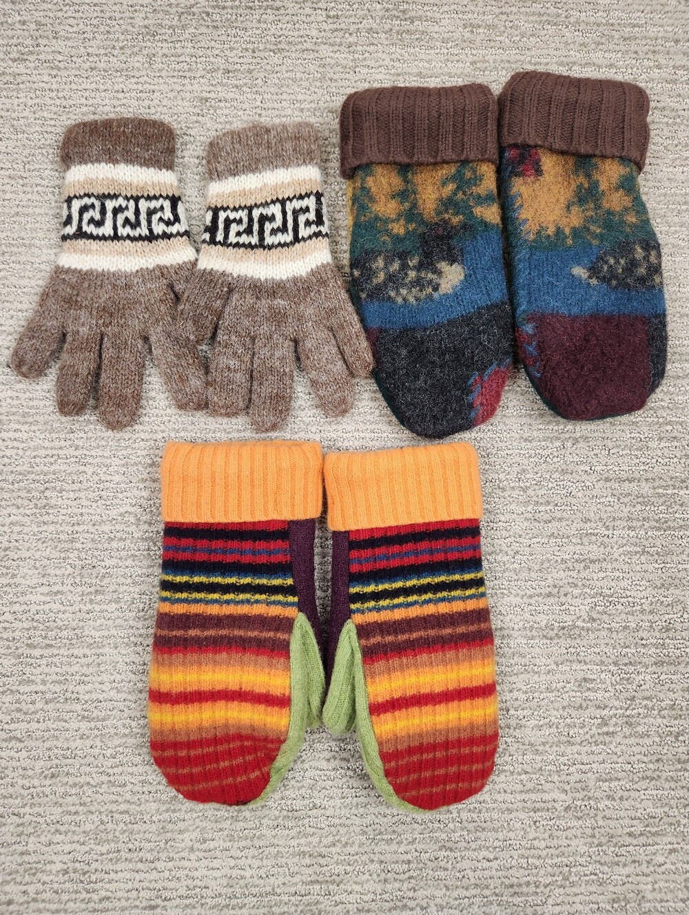Wool Handmade Mittens And Gloves Womens Set Of 3 Pairs Colorful Warm Winter Gear